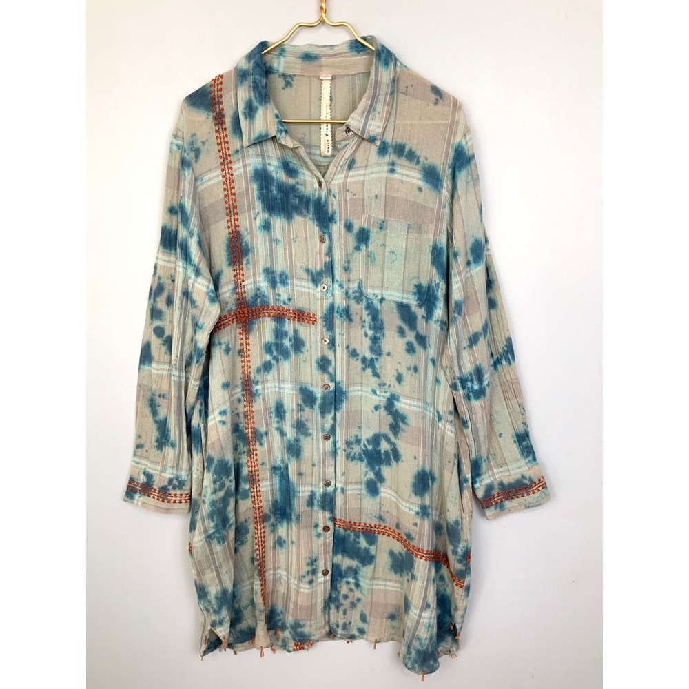 Uncle Frank Sz Large Plaid Embroidered Ink Spot Tie Dye Cotton Mido Shirt Dress